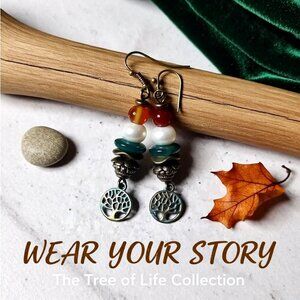 Agate Carnelian Faux Pearls + Patina'd Tree of Life Earrings - Upscale & Trendy